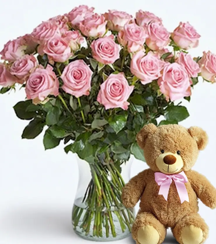 Dozen Pink Roses with Bear