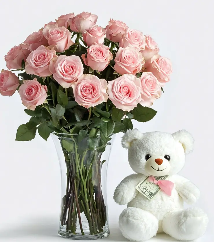 One dozen pink roses & Bear