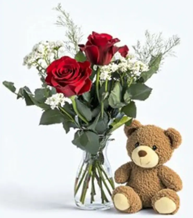3 Red Roses & Bear